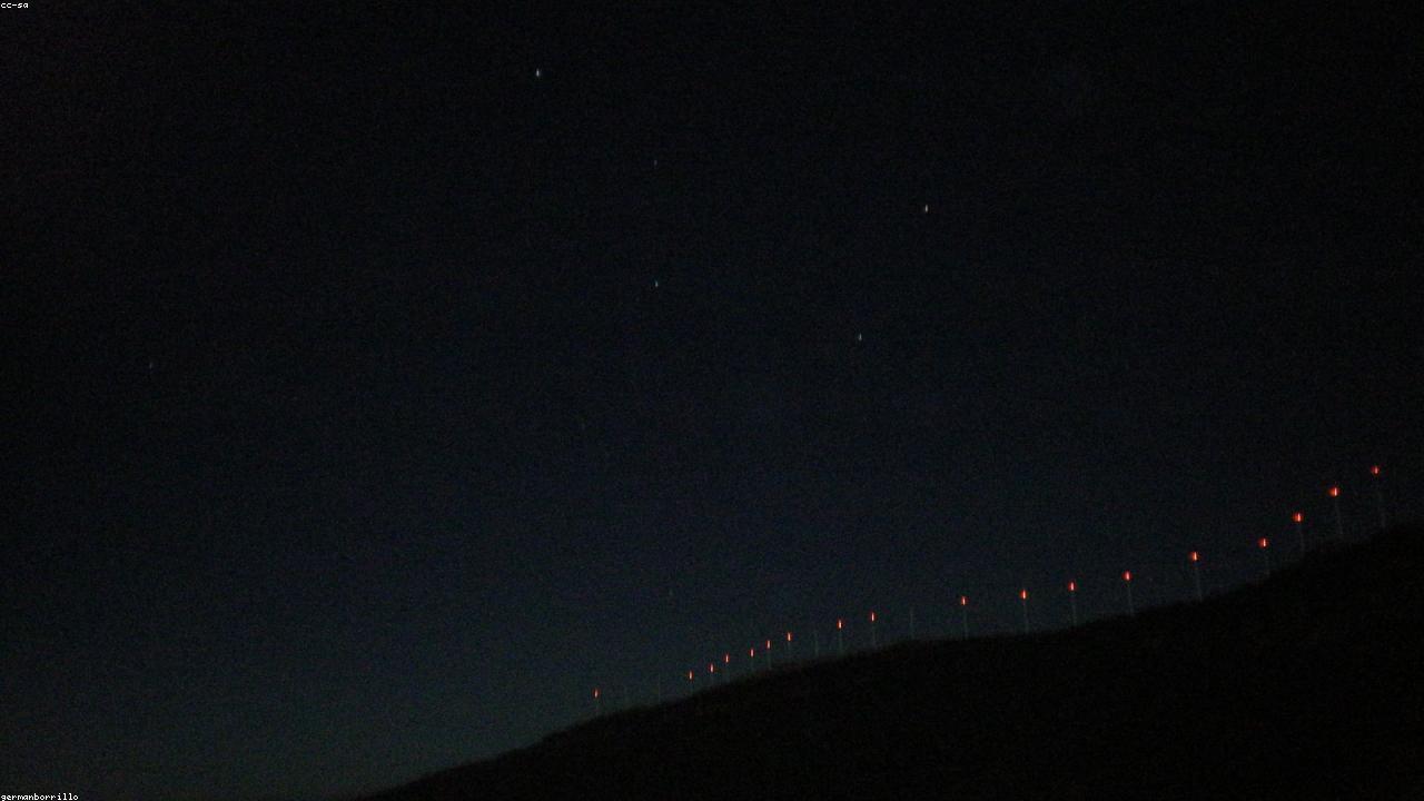 Wind turbines on a coastal ridge at dusk.